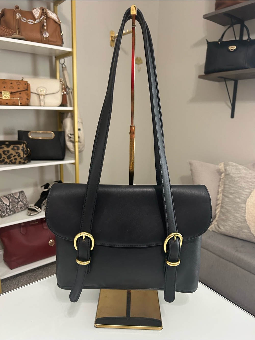Vintage Green Fields Black Shoulder Bag with Gold Buckle Detail